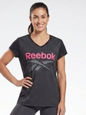 Reebok Women’s Black Striped V-Neck Logo Tee with Pink Branding Size 1X
